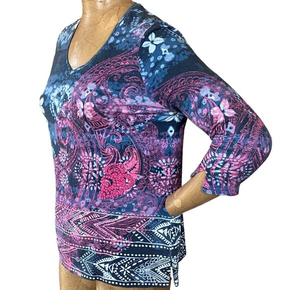 Chico's V-Neck 3/4 Sleeve Top Beaded Embroidered Sz 1 (M/8) #57B - Picture 4 of 9